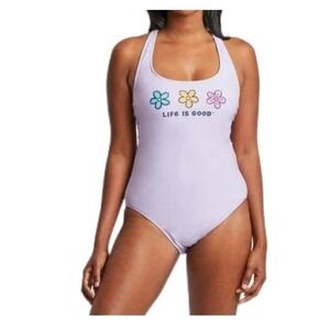 Life Is Good Lilac One Piece Swimsuit Floral Tie Back UPF 50 Beach Small NWT